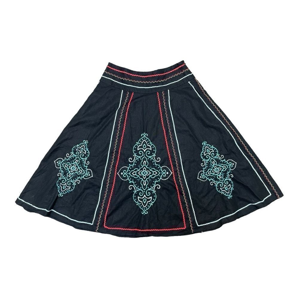 Saint Tropez West Linen Blend A Line Boho Embroidered Lined Side Zipper Skirt 4